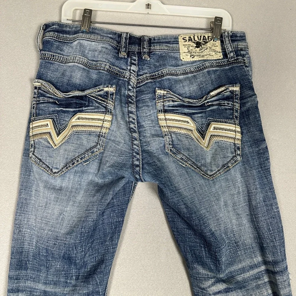 Salvage Supply Co Jeans Mens 32S Blue Havoc Straight Slim Fit Distressed Denim